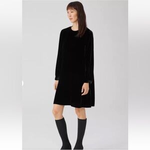 NWT EILEEN FISHER Crew Neck VELVET Silk Shift DRESS Size S Black Pockets $348